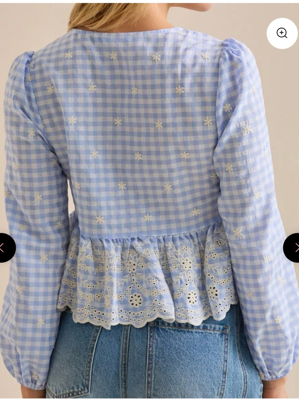 NWOT Lush Light Blue Gingham Tie-Front Peplum Blouse with White Embroidery M - Picture 2 of 9